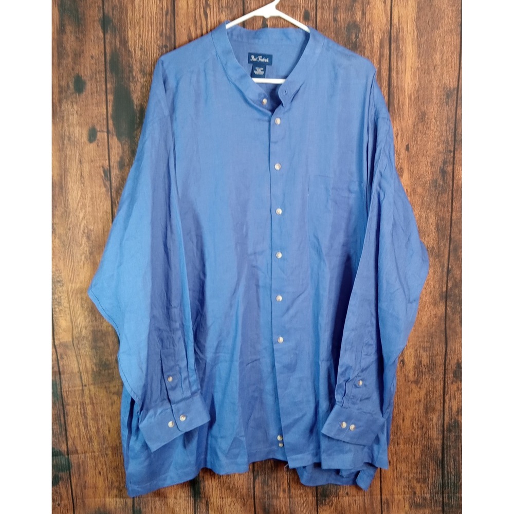 Paul Fredrick Mens 4XL Blue 100% Linen Band Collar Button Down Shirt Long Sleeve